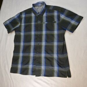 Eddie Bauer Button Shirt Mens M Casual Poly Blend‎ Hike Camp Fish Green Plaid